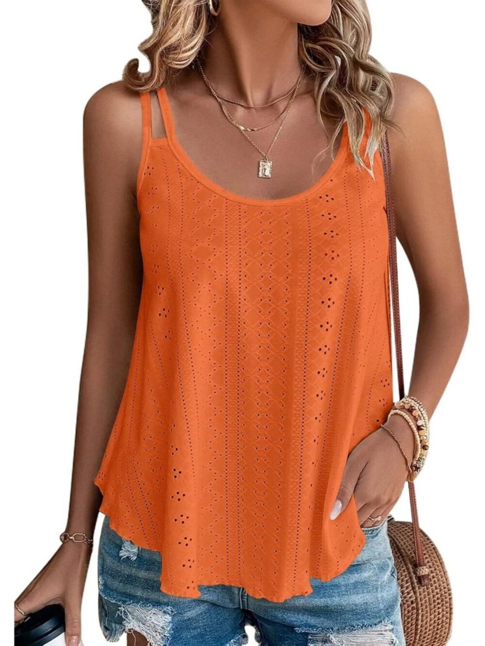 Women's Orange Eyelet Spaghetti Strap Loose Flowy Scoop Neck Cami Tank Top